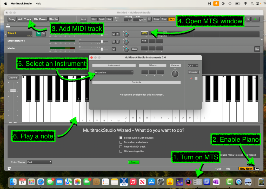 Six steps to getting Multitrack Studio to play sounds using the internal piano-like controller or using an external MIDI device.